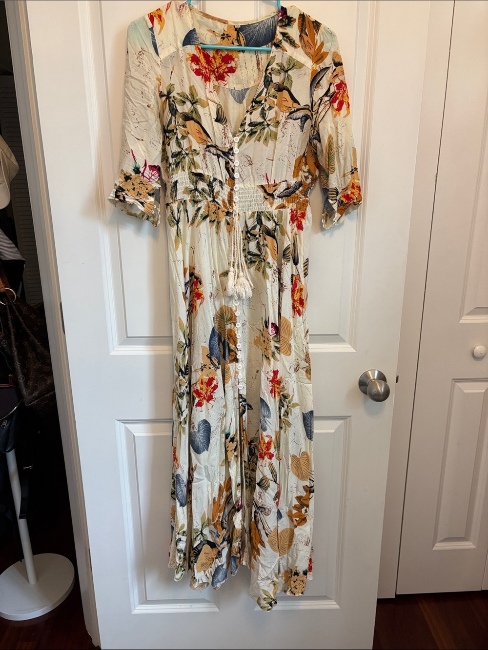 Cream Floral Maxi Dress with Tie Waist and Button Front
